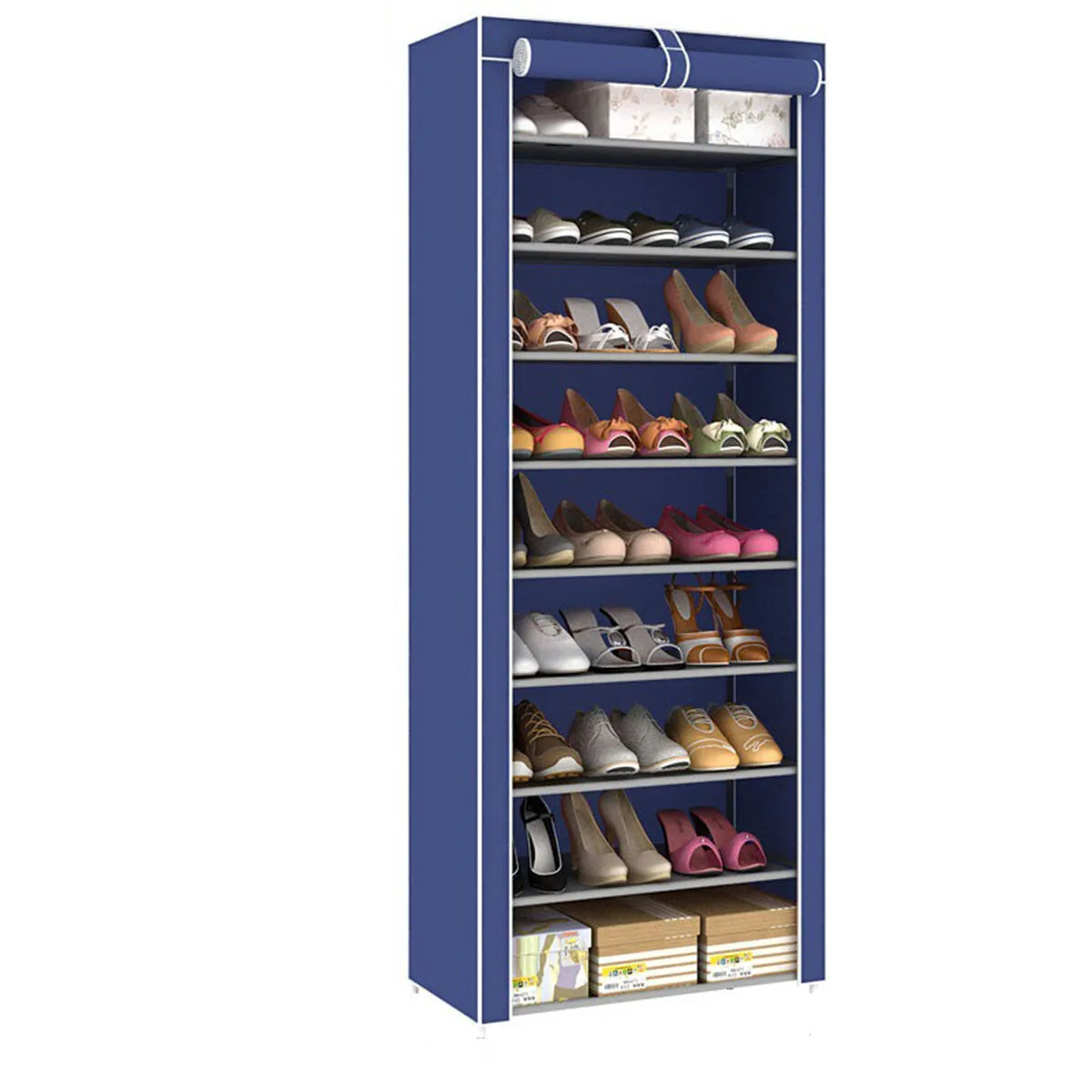 10-Tier Shoe Rack with 9 Lattices, Storage Closet Organizer Cabinet, Dust Cover Included