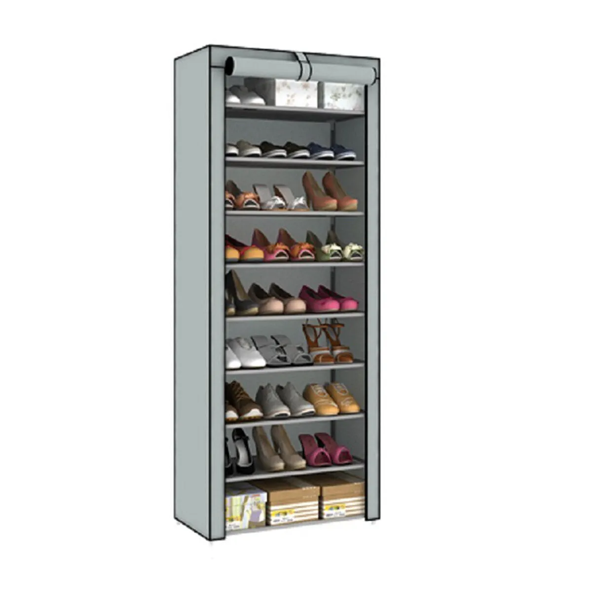 10-Tier Shoe Rack with 9 Lattices, Storage Closet Organizer Cabinet, Dust Cover Included