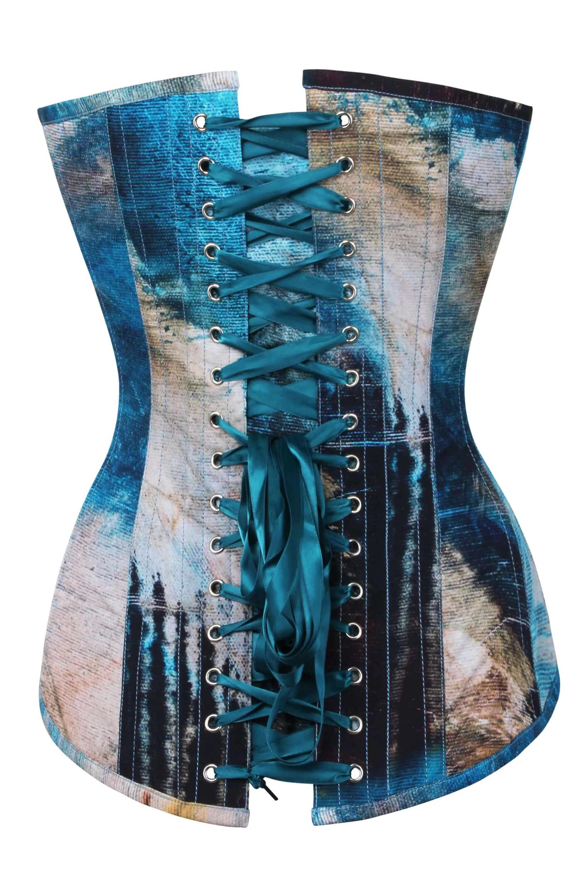 Abstract Brushed Opal Blue and Sand Longline Overbust Corset