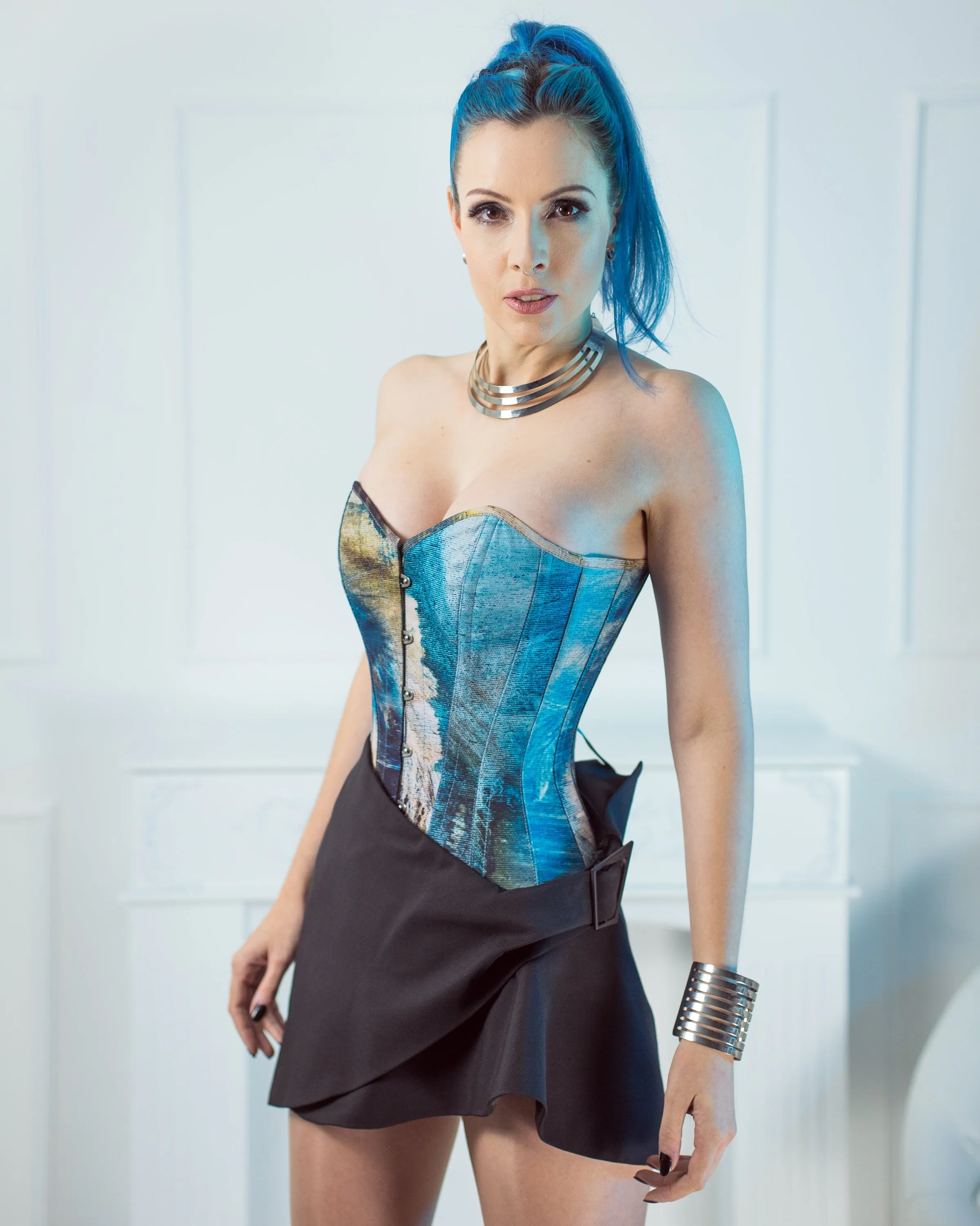 Abstract Brushed Opal Blue and Sand Longline Overbust Corset