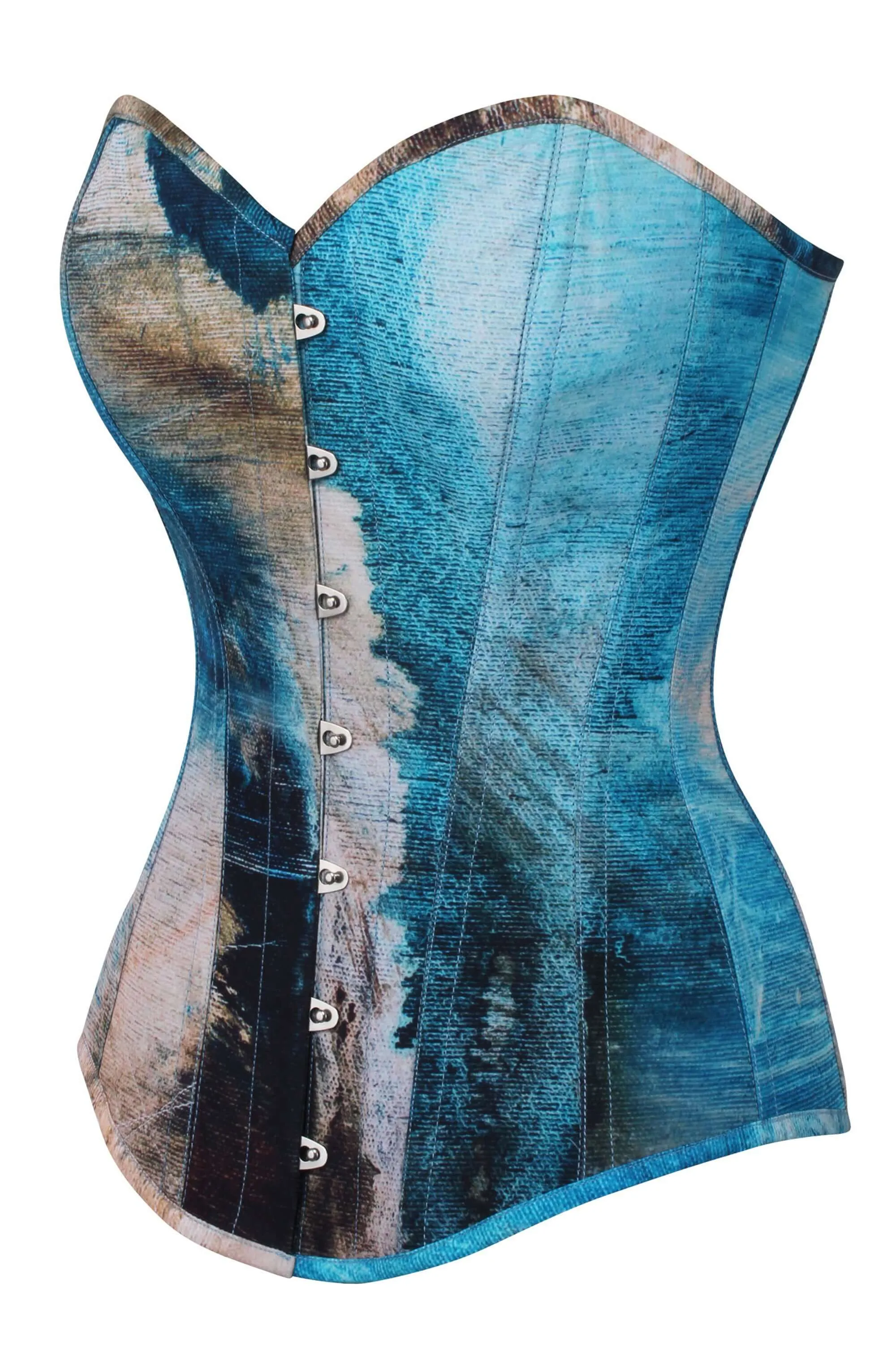 Abstract Brushed Opal Blue and Sand Longline Overbust Corset