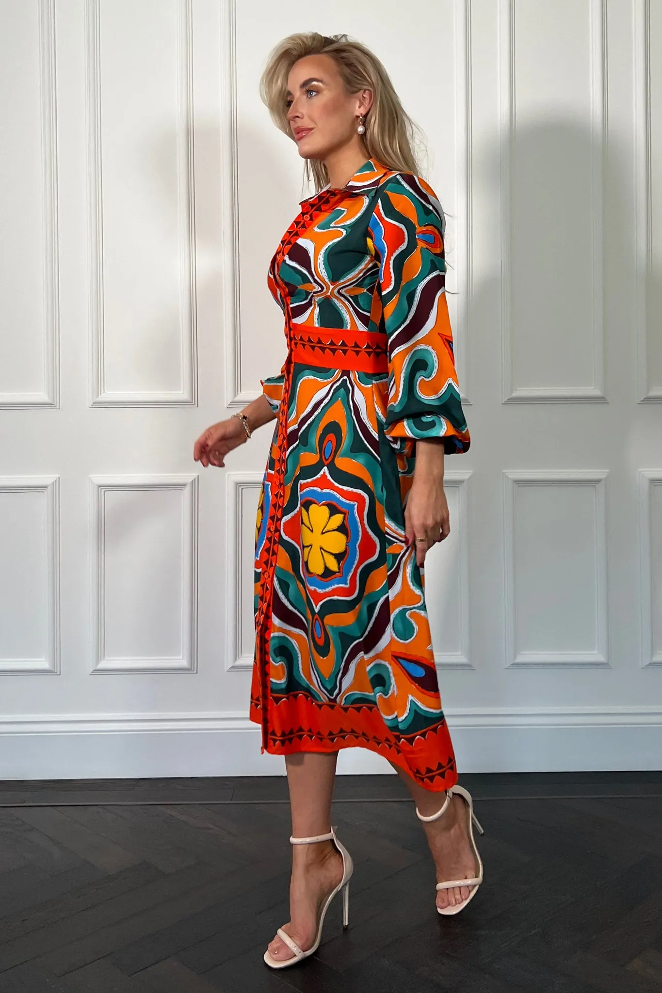 Alison Orange Abstract Shirt Dress