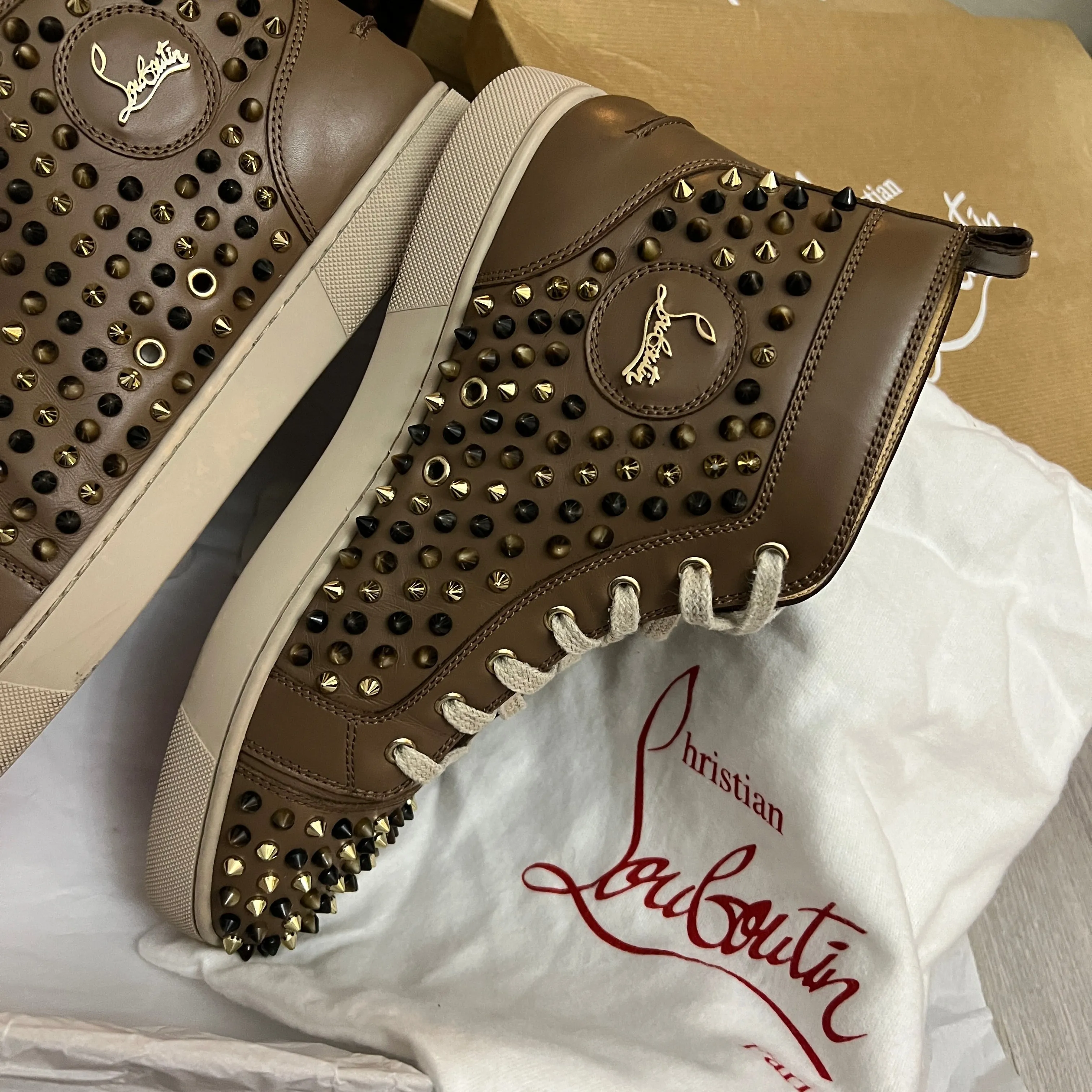 Authentic Christian Louboutin Brown Leather Spikes Sneakers 10UK 44 10 11US