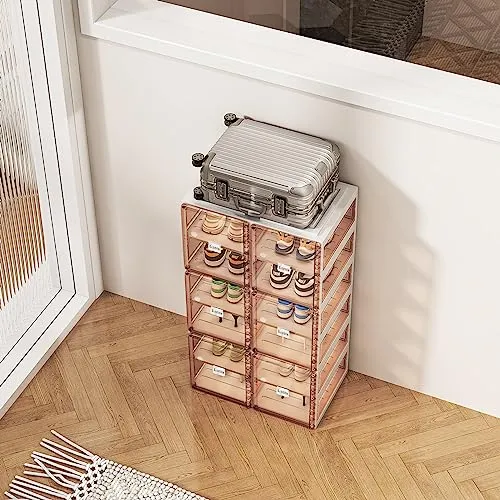 BINSIO Shoe Rack Closet Organizer and Storage, Portable for Entry Way, Foldable Boxes, Fast Easy Assemble Cabinet, One Piece Sturdy Plastic Shelf, Clear Brown Doors, 6 Tiers…