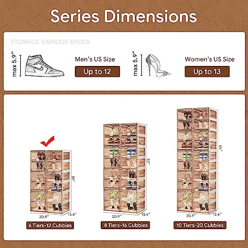 BINSIO Shoe Rack Closet Organizer and Storage, Portable for Entry Way, Foldable Boxes, Fast Easy Assemble Cabinet, One Piece Sturdy Plastic Shelf, Clear Brown Doors, 6 Tiers…