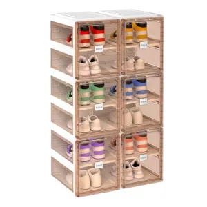 BINSIO Shoe Rack Closet Organizer and Storage, Portable for Entry Way, Foldable Boxes, Fast Easy Assemble Cabinet, One Piece Sturdy Plastic Shelf, Clear Brown Doors, 6 Tiers…