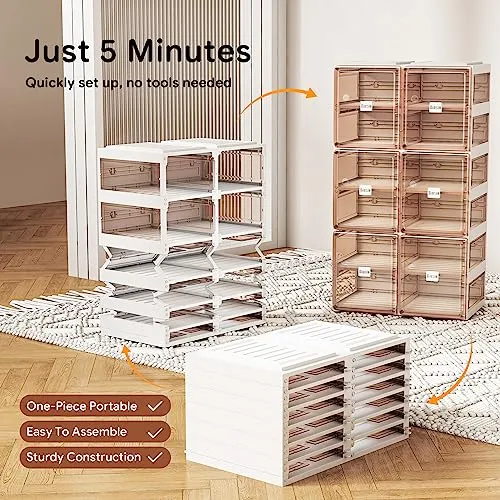 BINSIO Shoe Rack Closet Organizer and Storage, Portable for Entry Way, Foldable Boxes, Fast Easy Assemble Cabinet, One Piece Sturdy Plastic Shelf, Clear Brown Doors, 6 Tiers…