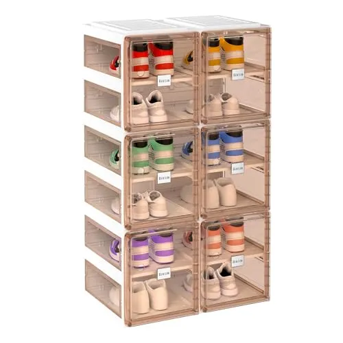 BINSIO Shoe Rack Closet Organizer and Storage, Portable for Entry Way, Foldable Boxes, Fast Easy Assemble Cabinet, One Piece Sturdy Plastic Shelf, Clear Brown Doors, 6 Tiers…