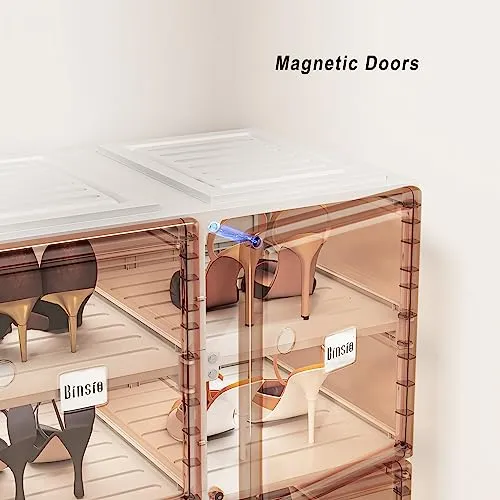BINSIO Shoe Rack Closet Organizer and Storage, Portable for Entry Way, Foldable Boxes, Fast Easy Assemble Cabinet, One Piece Sturdy Plastic Shelf, Clear Brown Doors, 6 Tiers…