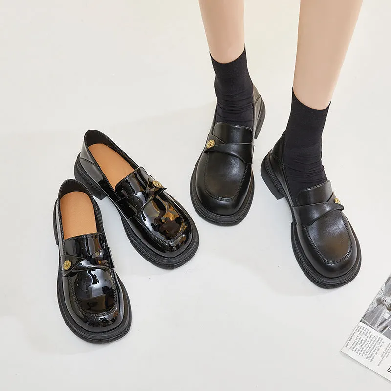 Black Fashion Genuine Leather Wide Toe Loafers for Women