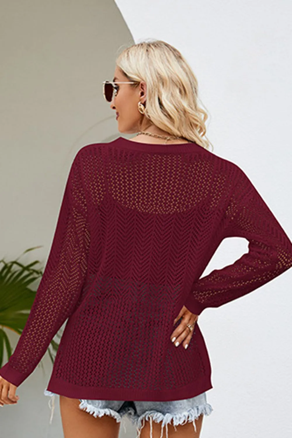 Breathable Lace-Up Slit Long Sleeve Open Knit Top