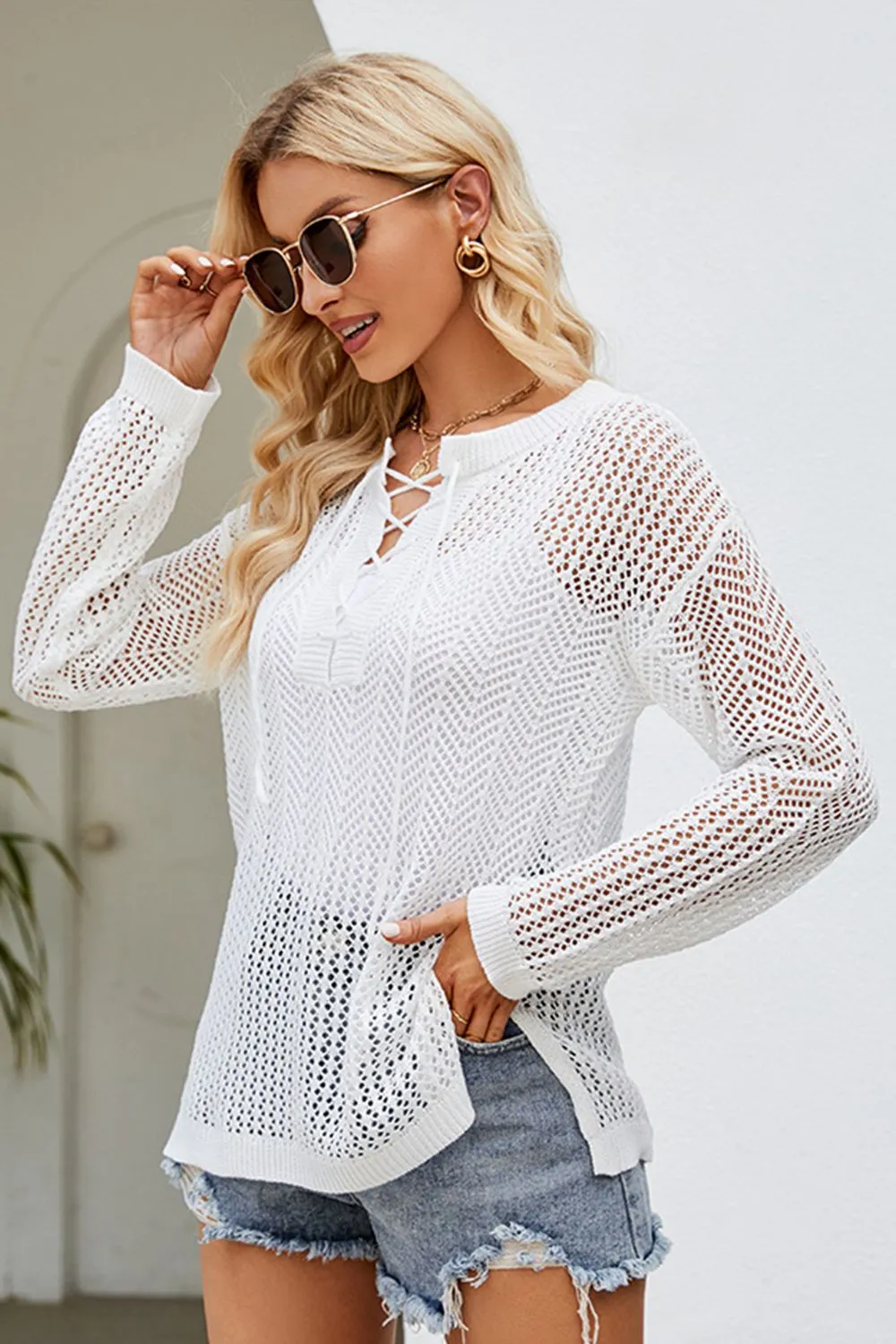 Breathable Lace-Up Slit Long Sleeve Open Knit Top