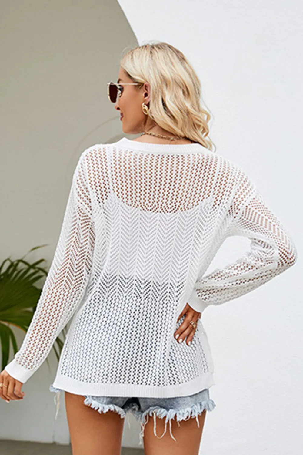 Breathable Lace-Up Slit Long Sleeve Open Knit Top