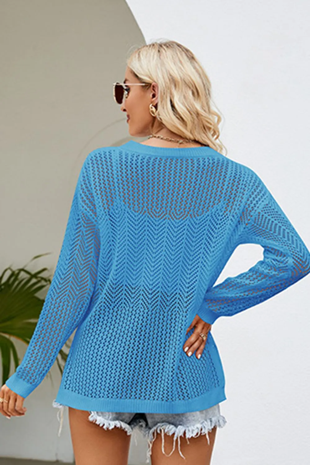 Breathable Lace-Up Slit Long Sleeve Open Knit Top