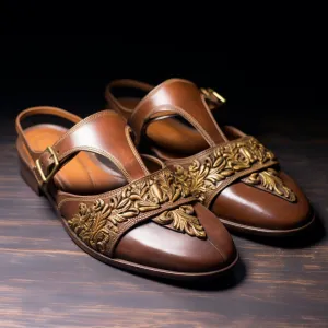 Brown Leather Hand Work Zardozi Peshawari Loafers | Wedding Shoes for Groom | Shoes for Haldi Mehendi Sangeet