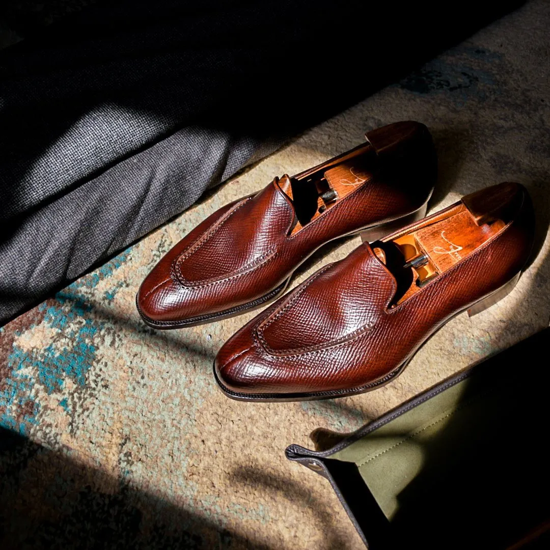 Brown Milled Grain Leather Palermo Slip On Loafers - AW24