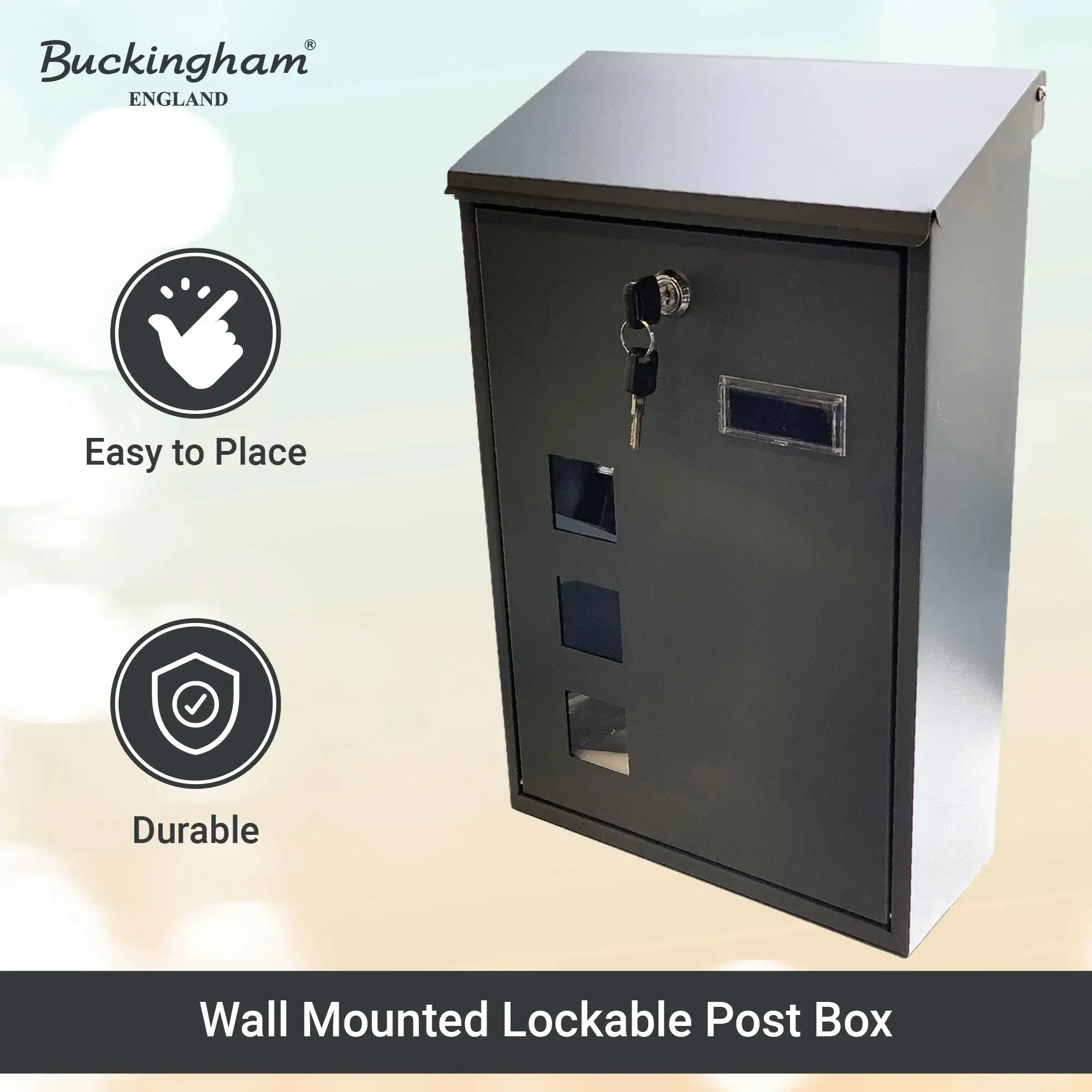 Buckingham Wall Mounted Steel Lockable Mail Box Post Letter Box Sloping Top Water Resistant Premium