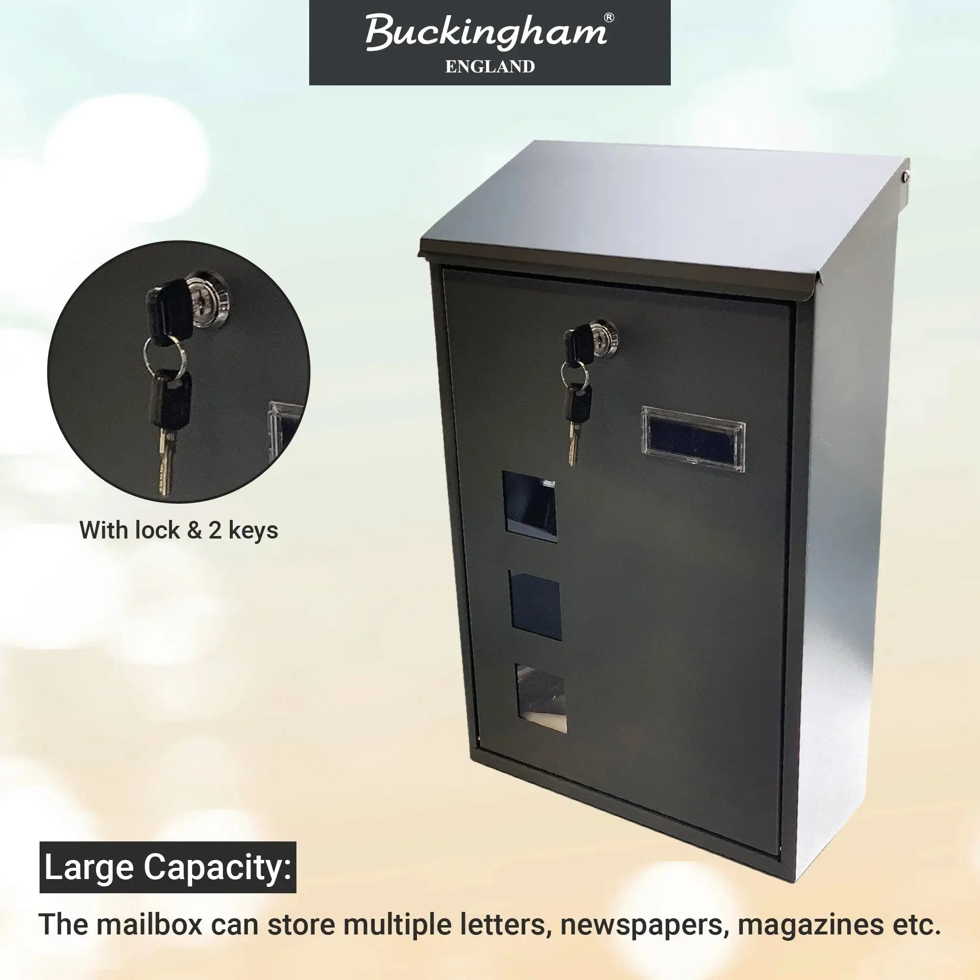 Buckingham Wall Mounted Steel Lockable Mail Box Post Letter Box Sloping Top Water Resistant Premium