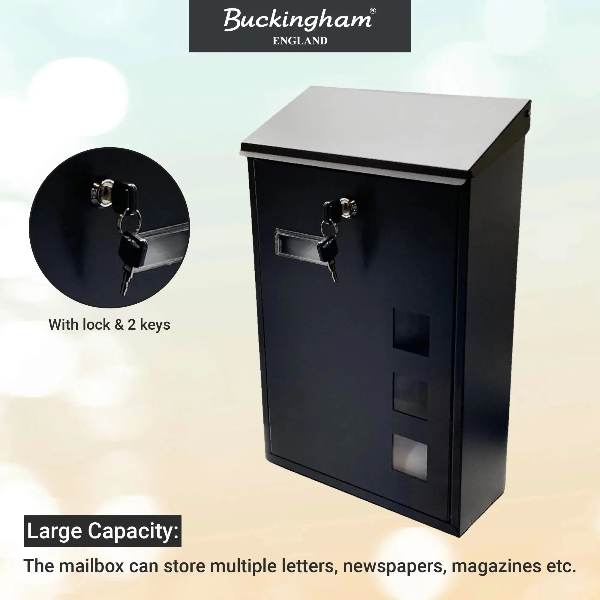 Buckingham Wall Mounted Steel Lockable Mail Box Post Letter Box Sloping Top Water Resistant Premium