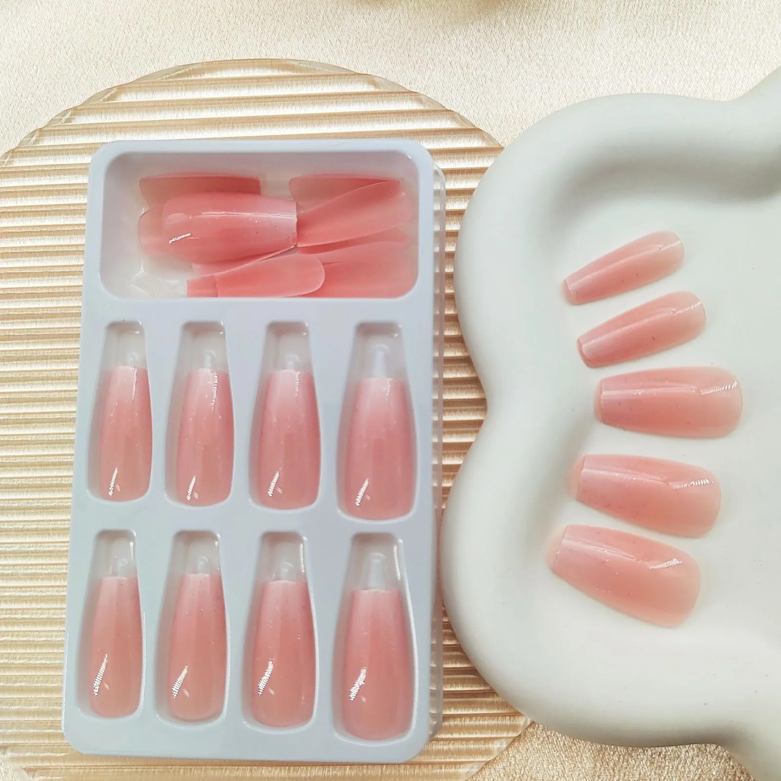 Coffin Press on Nails Medium Long Gradient Nude Fake Nails Press ons Bling Pink Full Cover False Nails with Designs Stick on Nails for Women and Girls 24 Pcs