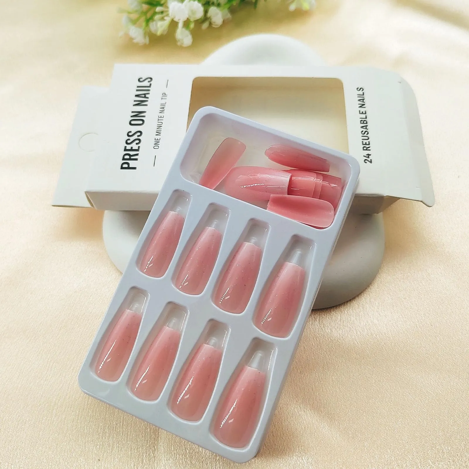 Coffin Press on Nails Medium Long Gradient Nude Fake Nails Press ons Bling Pink Full Cover False Nails with Designs Stick on Nails for Women and Girls 24 Pcs