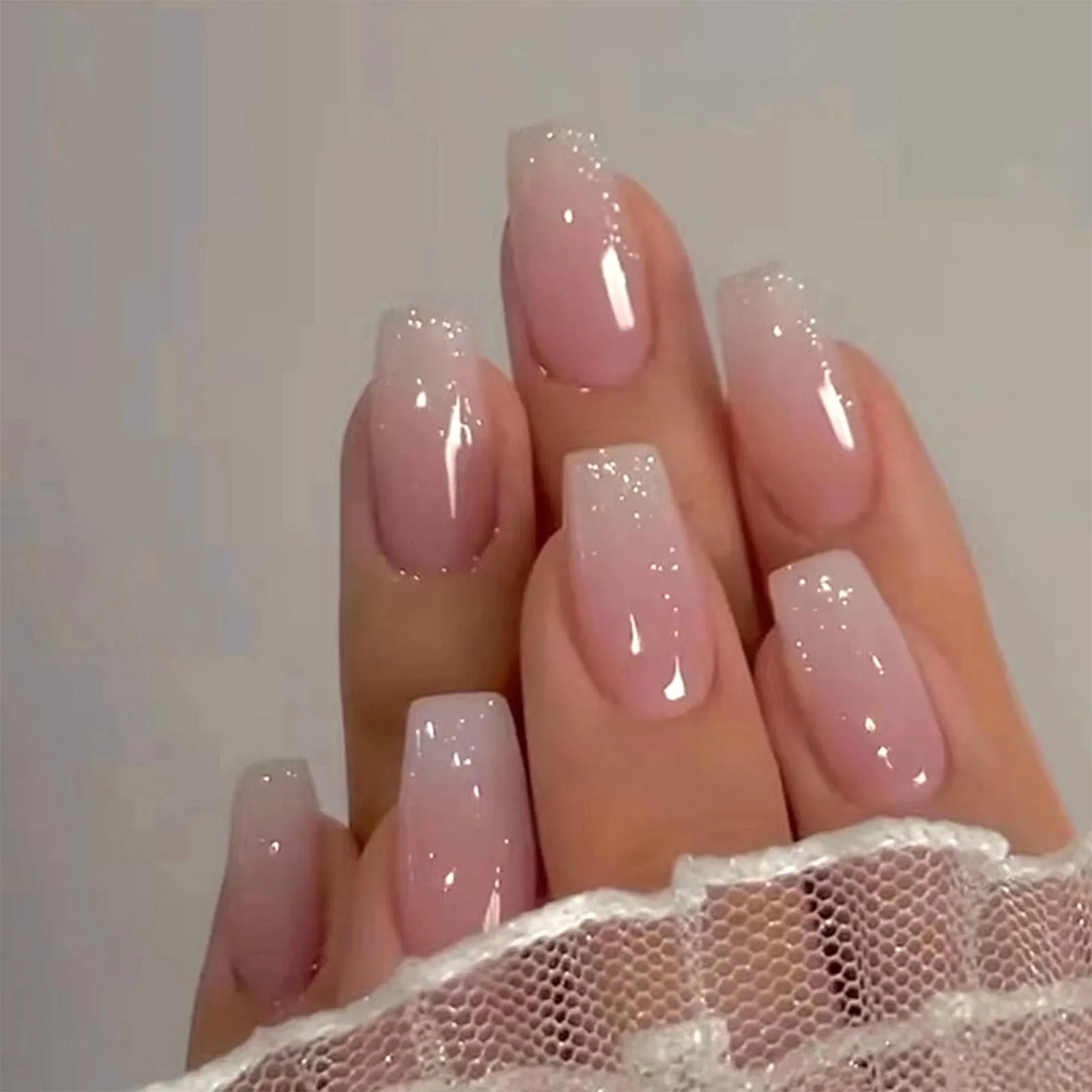 Coffin Press on Nails Medium Long Gradient Nude Fake Nails Press ons Bling Pink Full Cover False Nails with Designs Stick on Nails for Women and Girls 24 Pcs