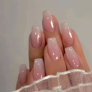 Coffin Press on Nails Medium Long Gradient Nude Fake Nails Press ons Bling Pink Full Cover False Nails with Designs Stick on Nails for Women and Girls 24 Pcs