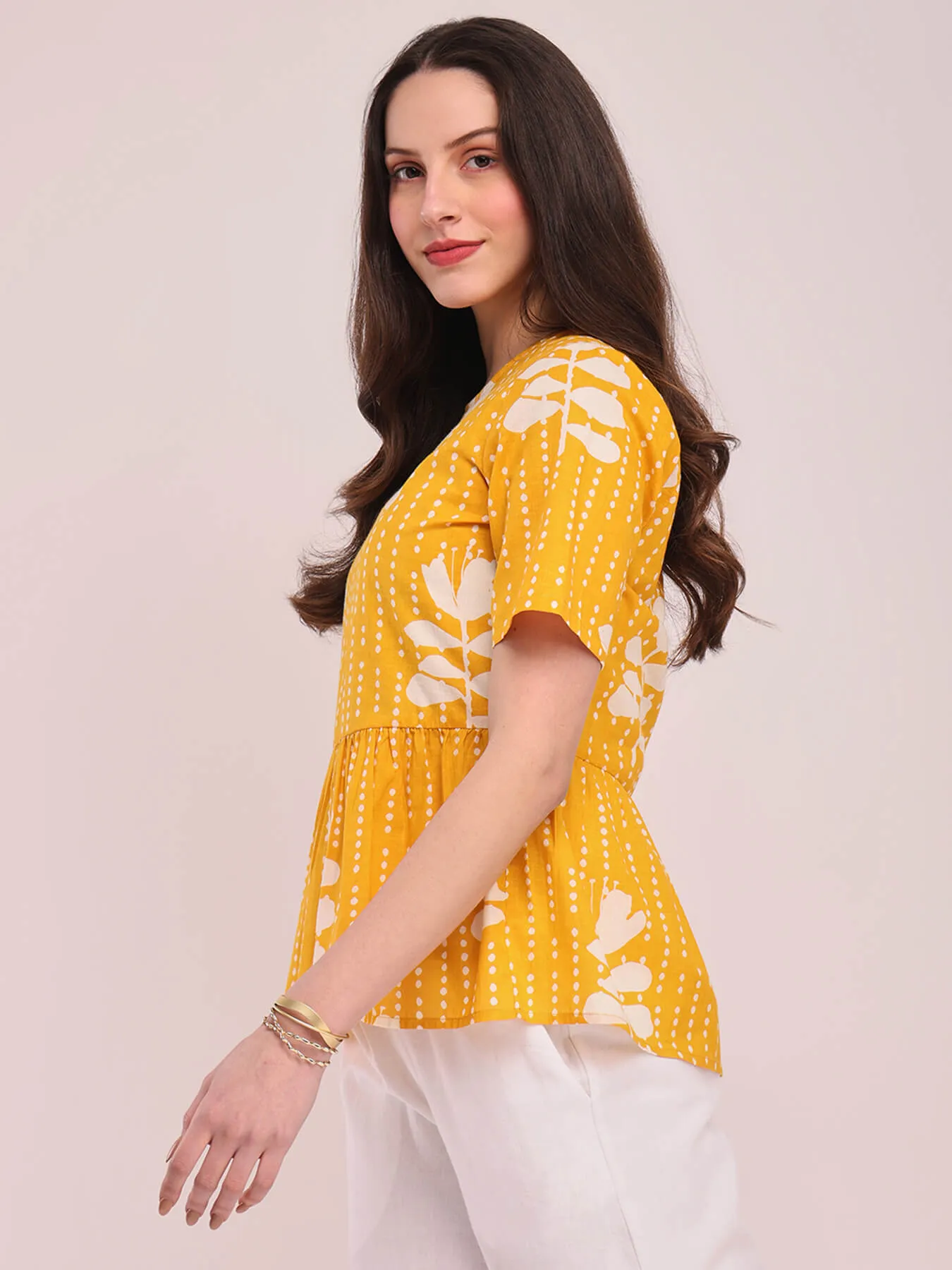 Cotton Floral Round Neck Top - Yellow