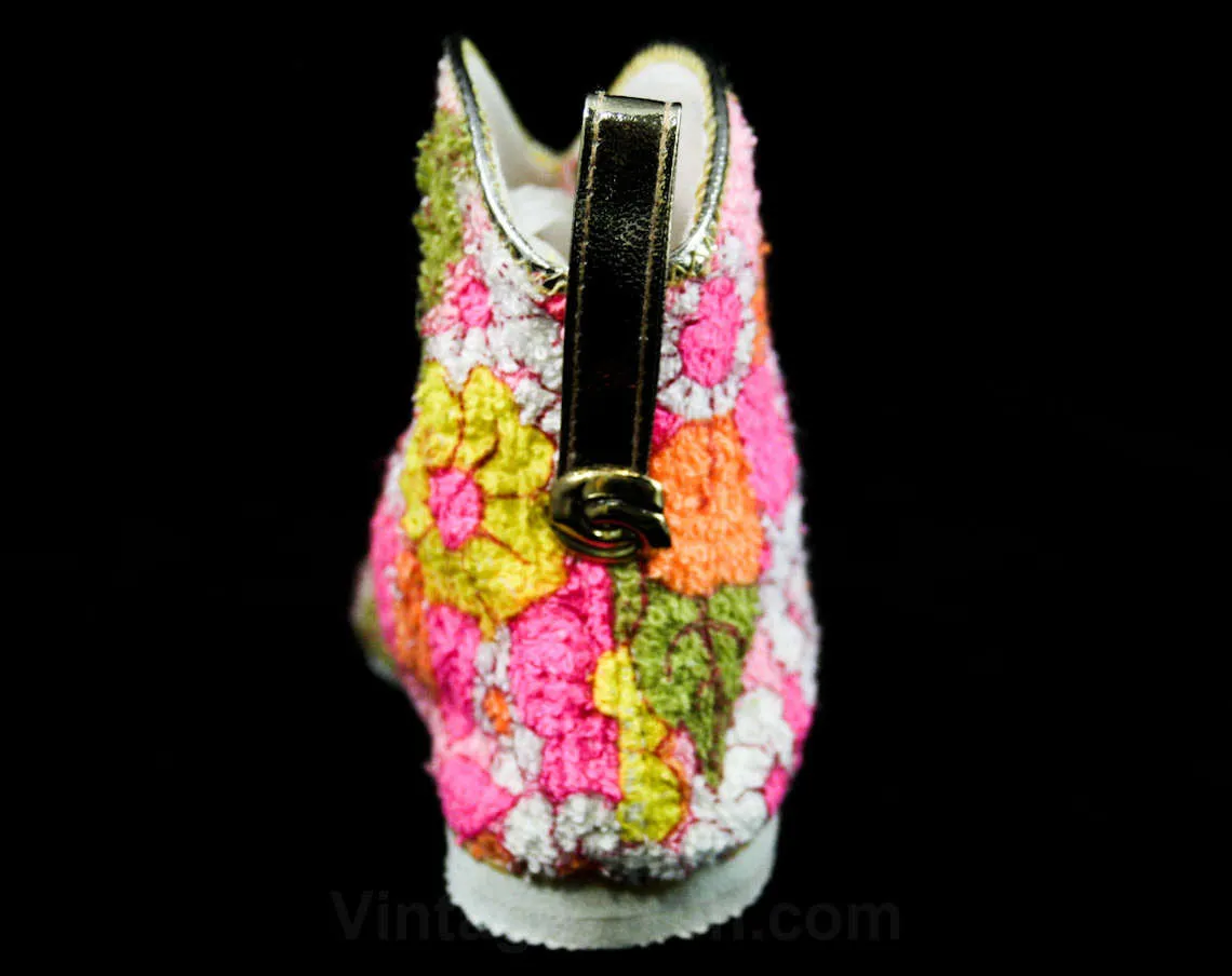 Cute 1960s Girl's Slippers - Size 8 - Girls Terrycloth Cotton Booties - Pink Orange Yellow Indoor Toddler Childs House Shoes - 60s Deadstock
