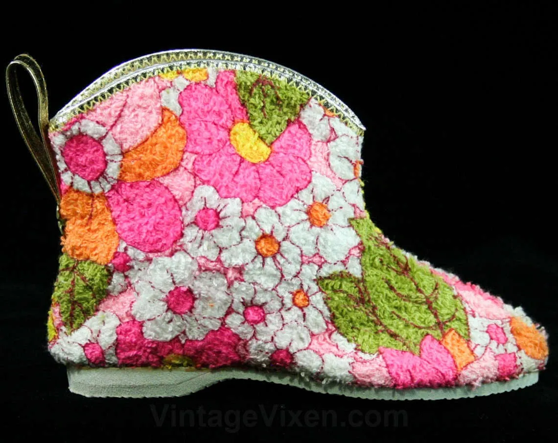 Cute 1960s Girl's Slippers - Size 8 - Girls Terrycloth Cotton Booties - Pink Orange Yellow Indoor Toddler Childs House Shoes - 60s Deadstock