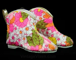Cute 1960s Girl's Slippers - Size 8 - Girls Terrycloth Cotton Booties - Pink Orange Yellow Indoor Toddler Childs House Shoes - 60s Deadstock