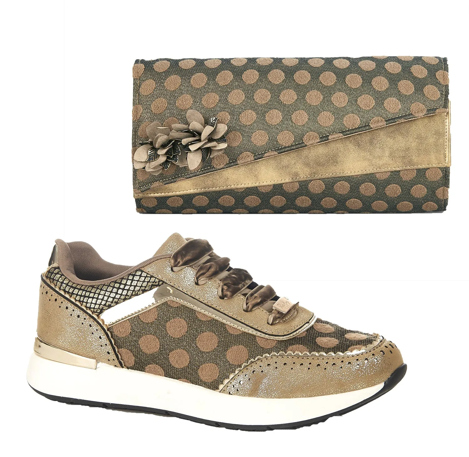 Darcy Gold Spotty Trainers & Matching Hanoi Bag by Ruby Shoo