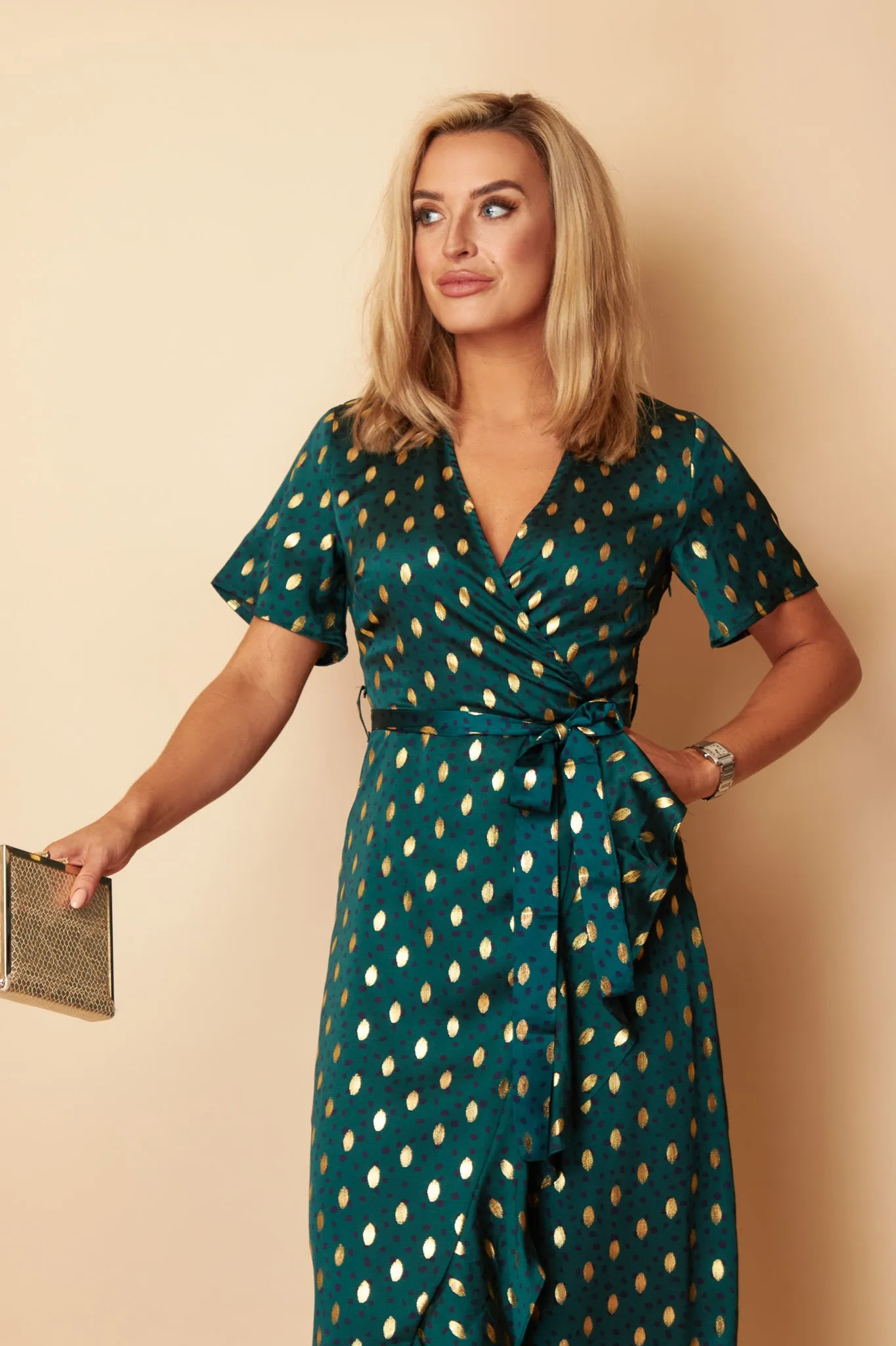 Farren Split Hem Frill Detail Maxi Dress Emerald Foil