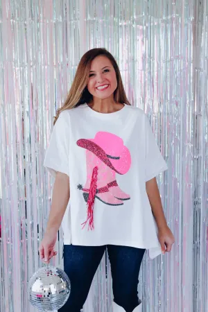 Fringe Cowgirl Boot Oversized Graphic Tee - White