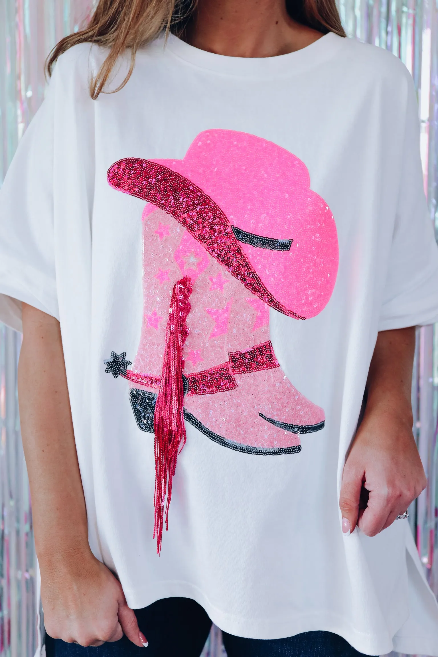 Fringe Cowgirl Boot Oversized Graphic Tee - White
