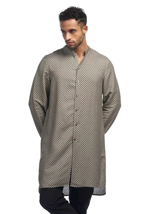 Front open linen blend printed Qurta
