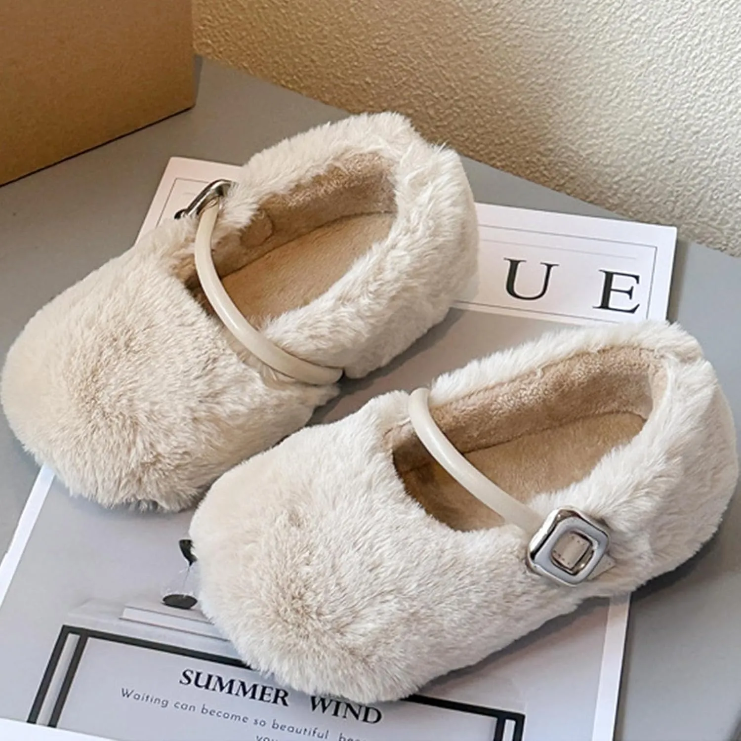 Fur Ballet Flats for Women, Faux Shearling Mary Janes with Buckle Strap Causal Daily Dress Ballerina Flat Shoes