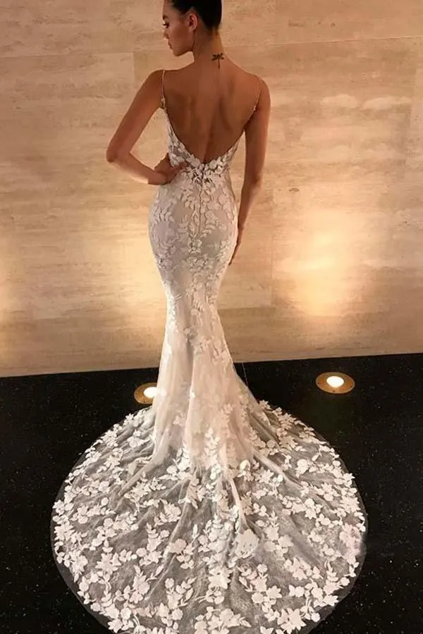 Gorgeous Mermaid Straps Open Back Lace Wedding Dresses TN191