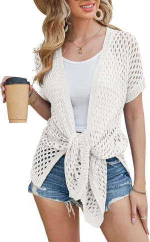 GRACE KARIN Mesh Cardigan Sweaters for Women Crochet Short Sleeve Open-Front Long Cardigan Cover ups Knitted Sheer Tops