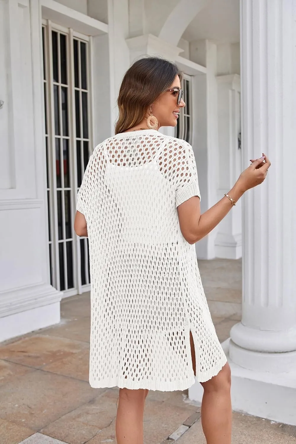 GRACE KARIN Mesh Cardigan Sweaters for Women Crochet Short Sleeve Open-Front Long Cardigan Cover ups Knitted Sheer Tops