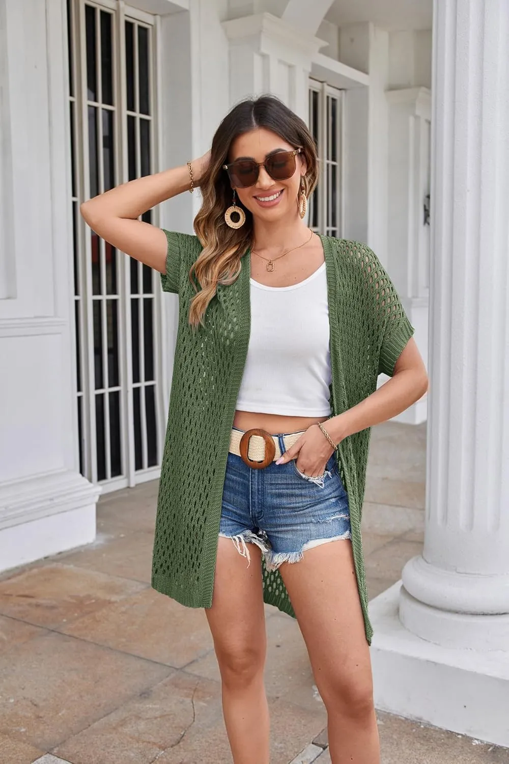GRACE KARIN Mesh Cardigan Sweaters for Women Crochet Short Sleeve Open-Front Long Cardigan Cover ups Knitted Sheer Tops