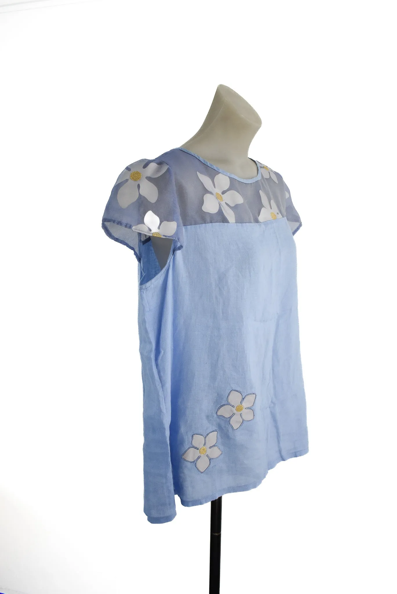 Handmade baby blue flower blouse, L