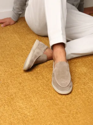 Height Increasing Grey Suede Leather Athena Yatch Loafers with White Soles - Summer 2024 Collection