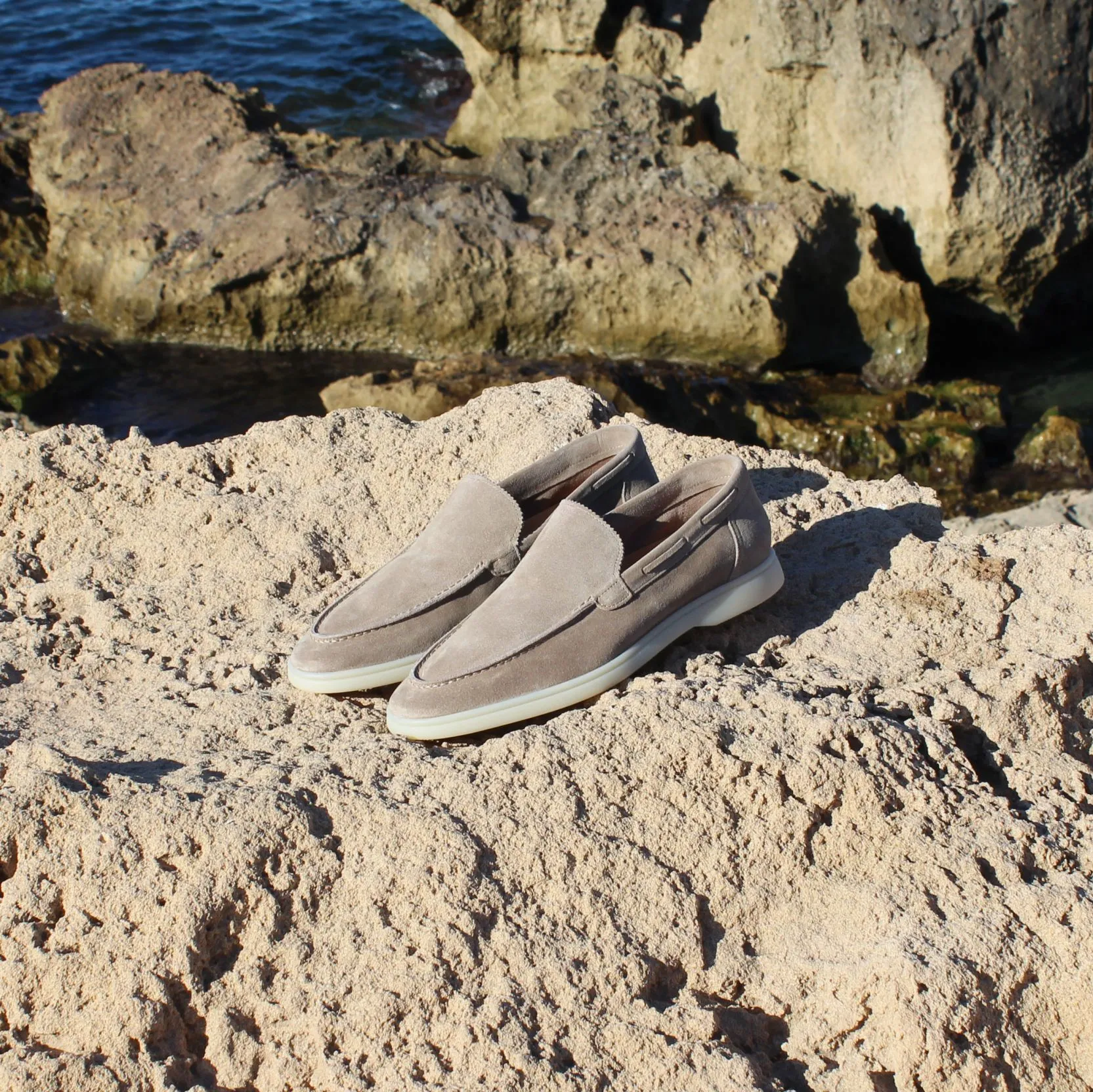 Height Increasing Grey Suede Leather Athena Yatch Loafers with White Soles - Summer 2024 Collection