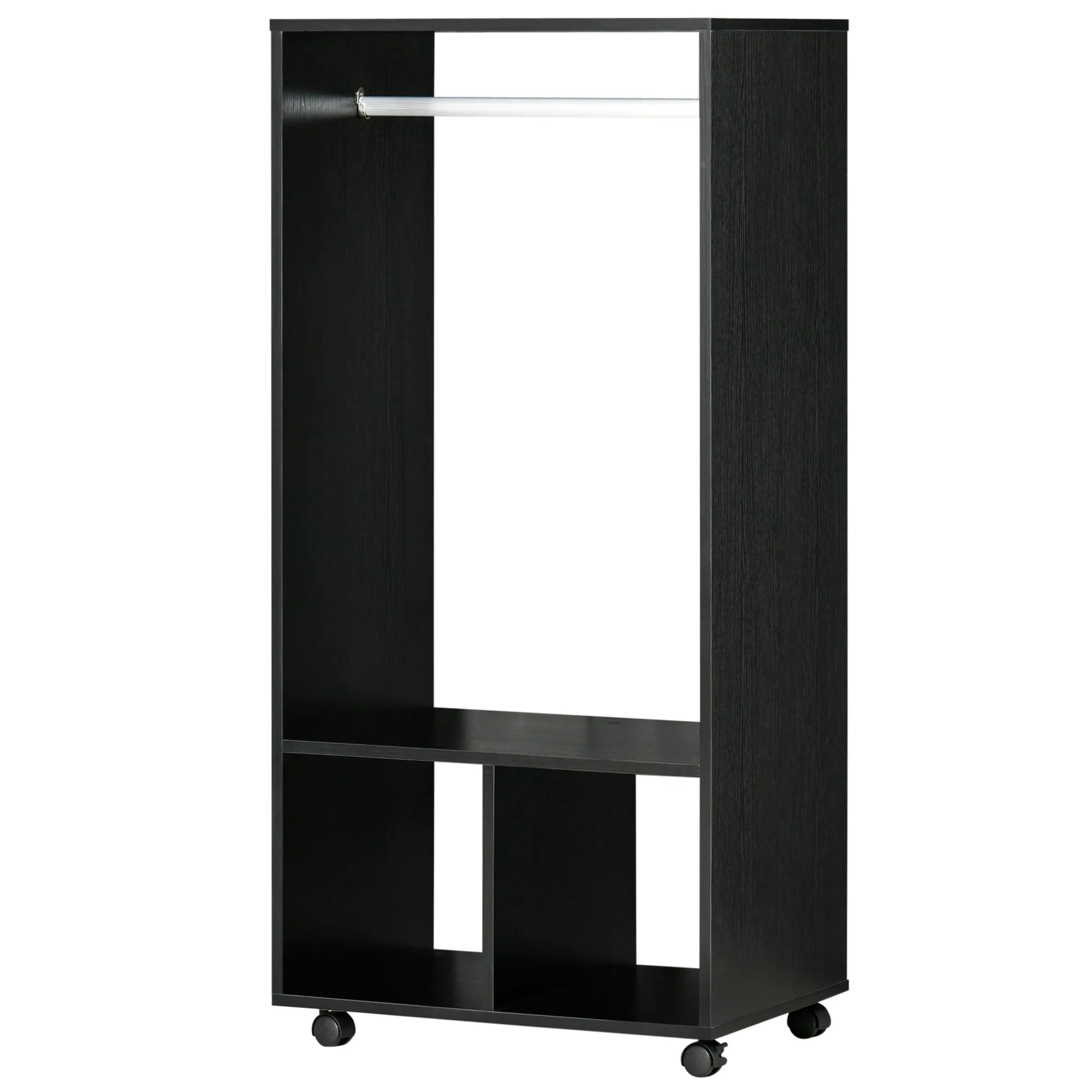 HOMCOM Clothes Hanger with Aluminum Bar and 2 Open Shelves, in Chipboard, 60x40x128 cm, Black