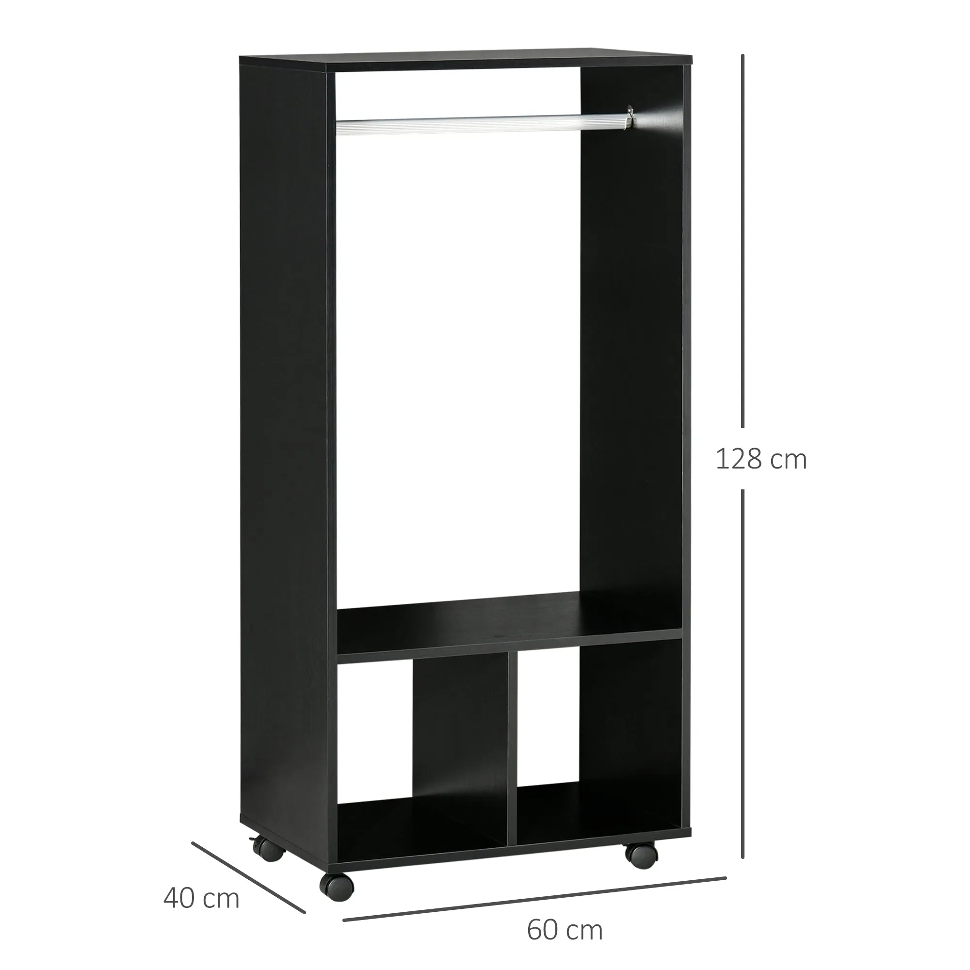 HOMCOM Clothes Hanger with Aluminum Bar and 2 Open Shelves, in Chipboard, 60x40x128 cm, Black