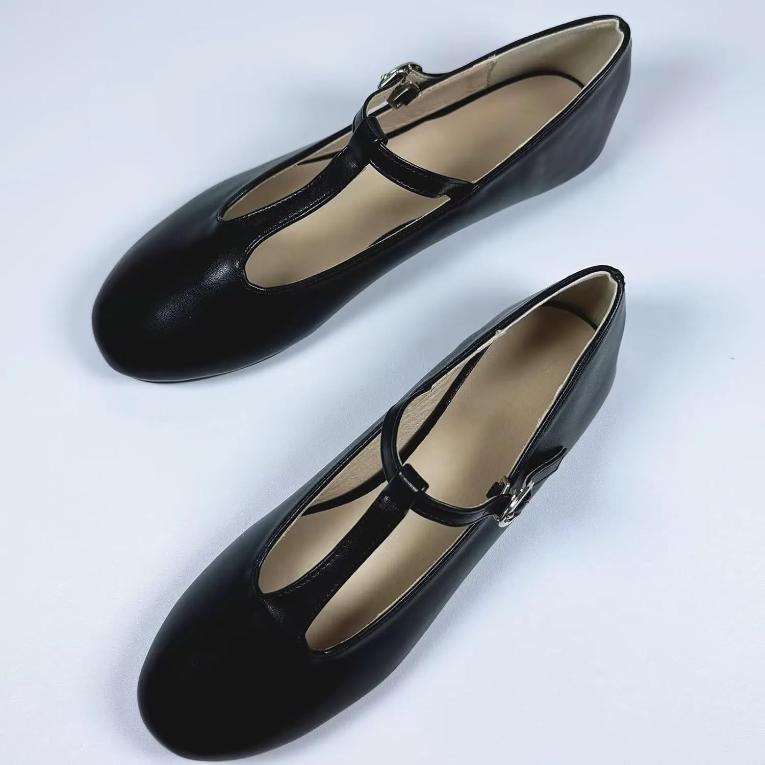 INEELUYI Women's PU Leather Mary Janes Flats Shoes T-Strap Buckle Round Toe Flats Shoes Casual Dressy Ballerina Shoes