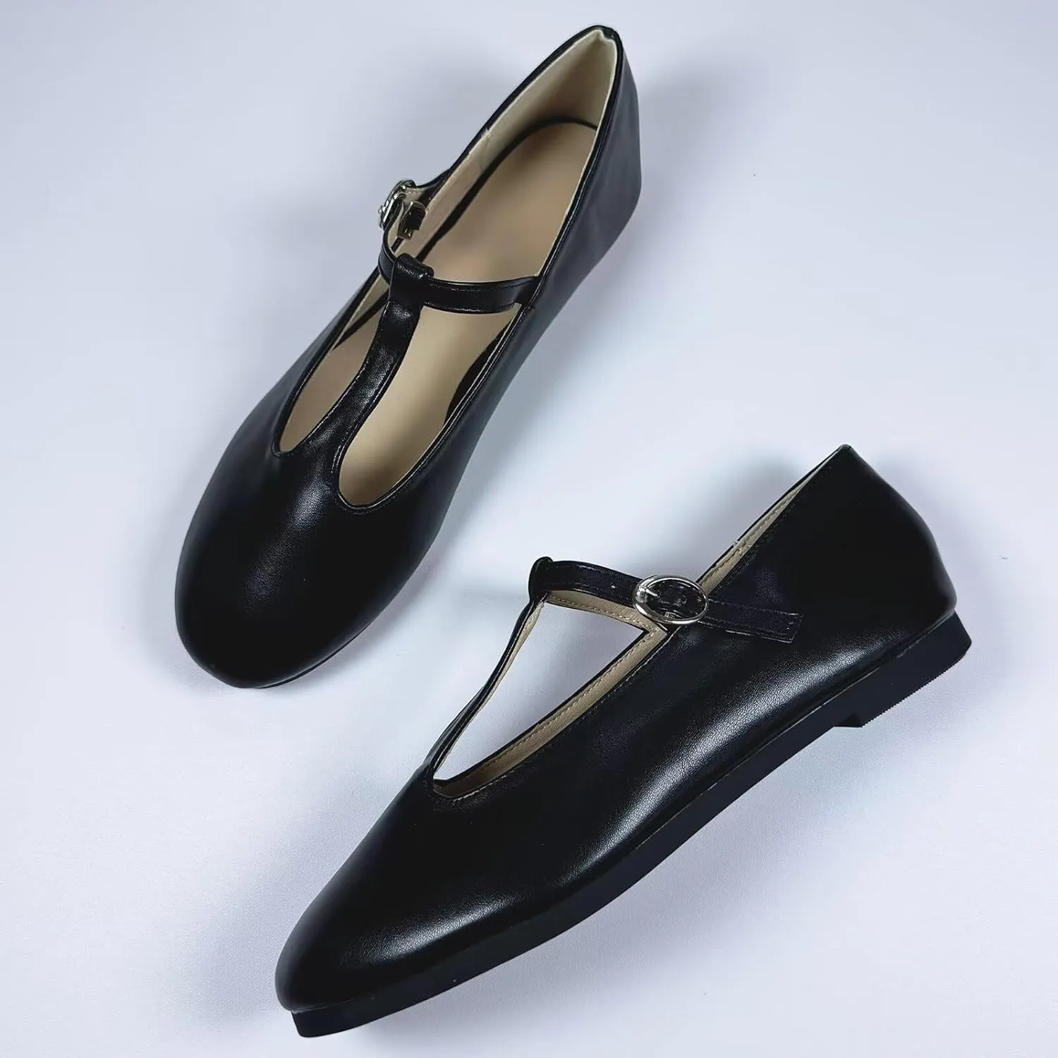INEELUYI Women's PU Leather Mary Janes Flats Shoes T-Strap Buckle Round Toe Flats Shoes Casual Dressy Ballerina Shoes