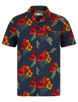 Jalisco Floral Print Short Sleeve Open Collar Hawaiian Shirt in Sargasso Sea - Tokyo Laundry