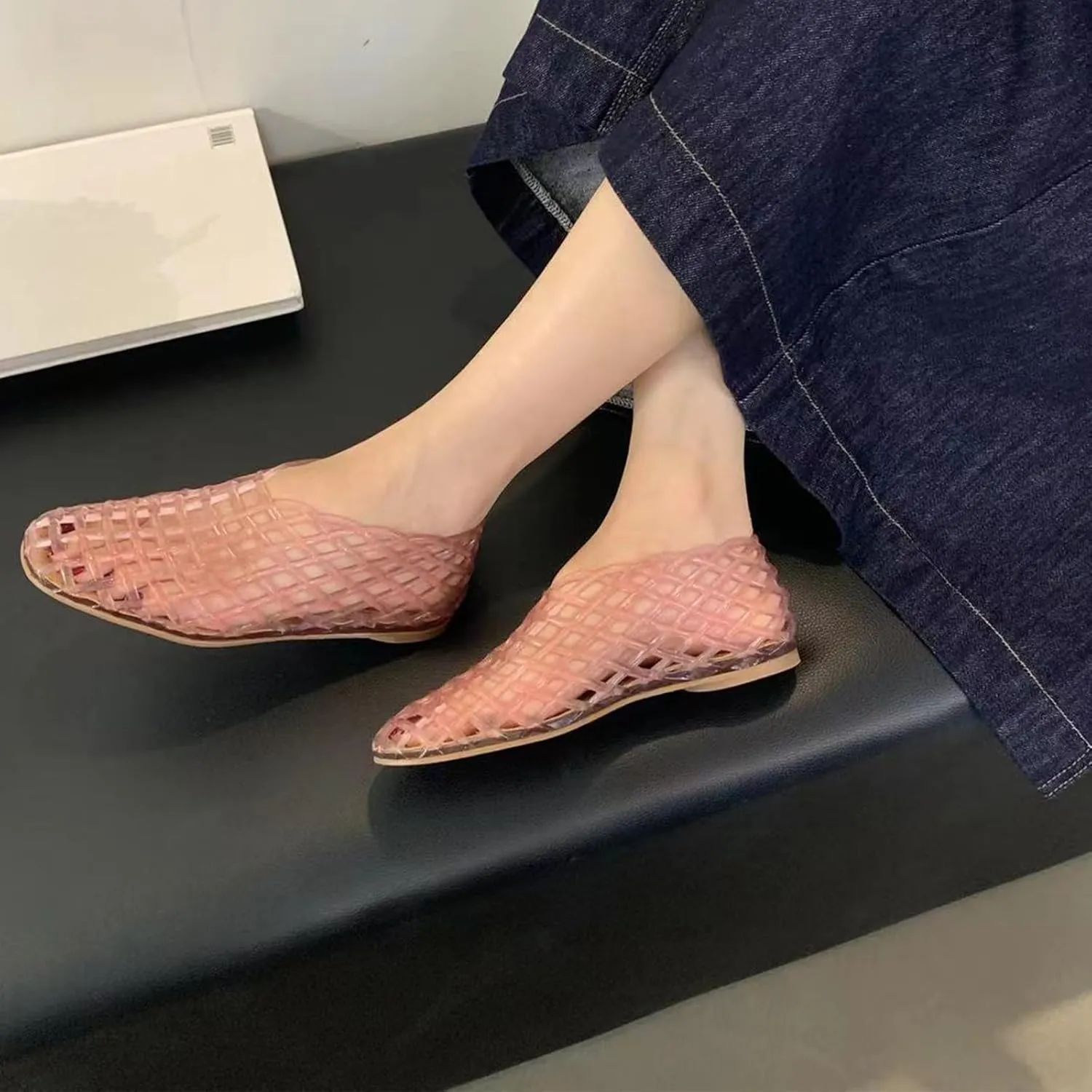 Jelly-Mesh Ballet Flats for Women Closed Toe Adult Jellies Shoes Women Clear Hollow Jellies Flat Sandals